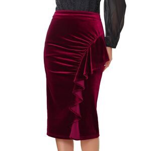 Women Bodycon Skirt Ruffled Ruched Formal Midi Velvet Skirt Burgundy